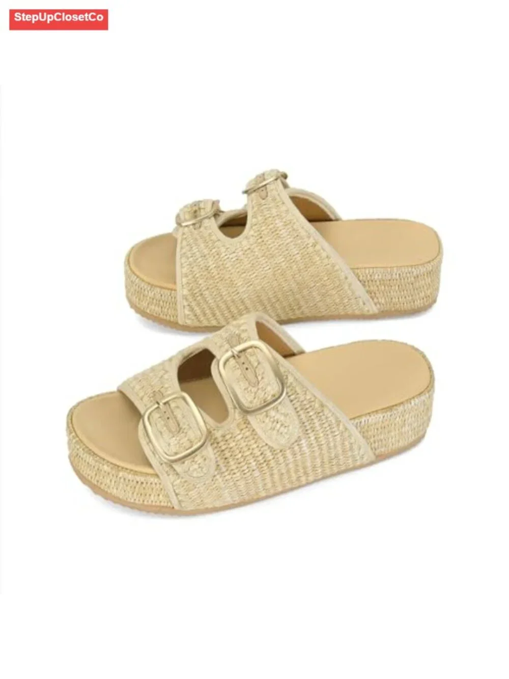 Women's Platform Sandals with Double Buckle Strap, Woven Straw Espadrille